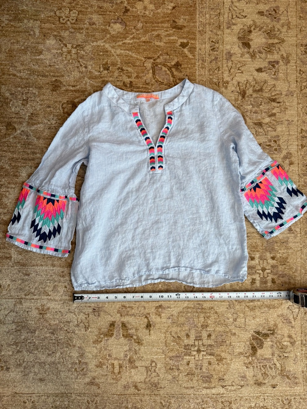 Vilagallo Light Blue Linen Blouse with Neon Embroidered Sleeves
